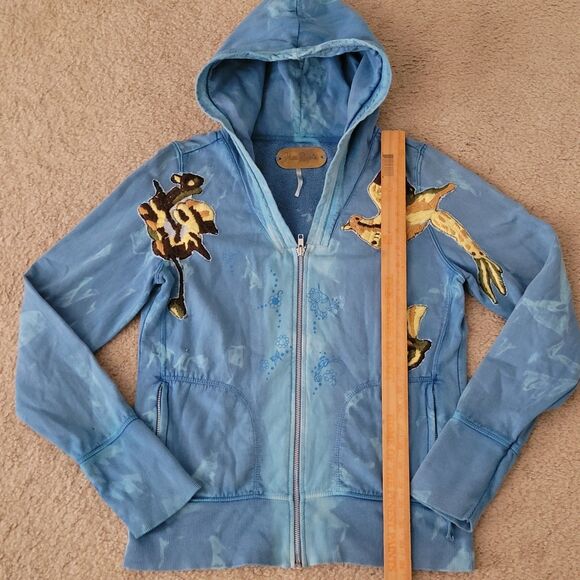 Free People Hoodie Women M Blue Tie Dye Embroidered Flying Birds Full Zip - Picture 9 of 16